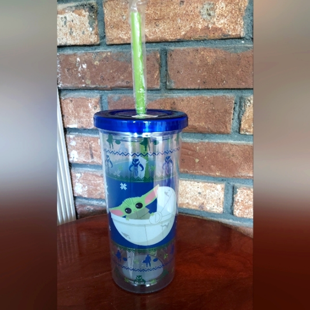 Star Wars Christmas Baby Yoda Travel Tumbler Double Wall 20 oz Blue Clear Unused